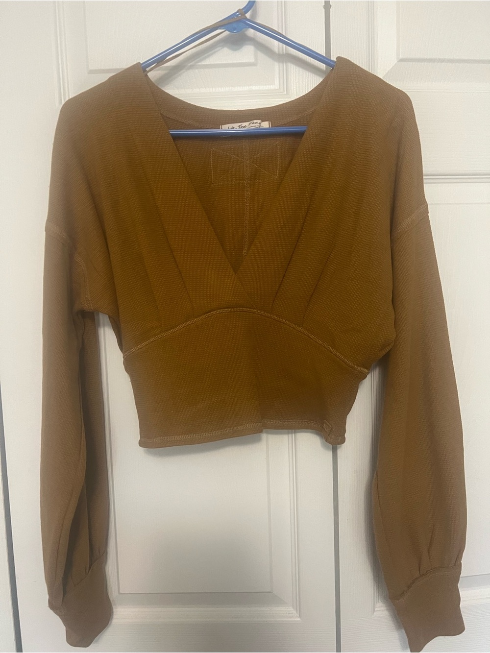We The Free Brown Ribbed Cropped V-Neck Long Sleeve Top